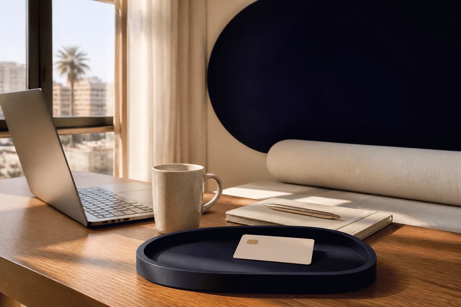 A workspace with a laptop and a payment card