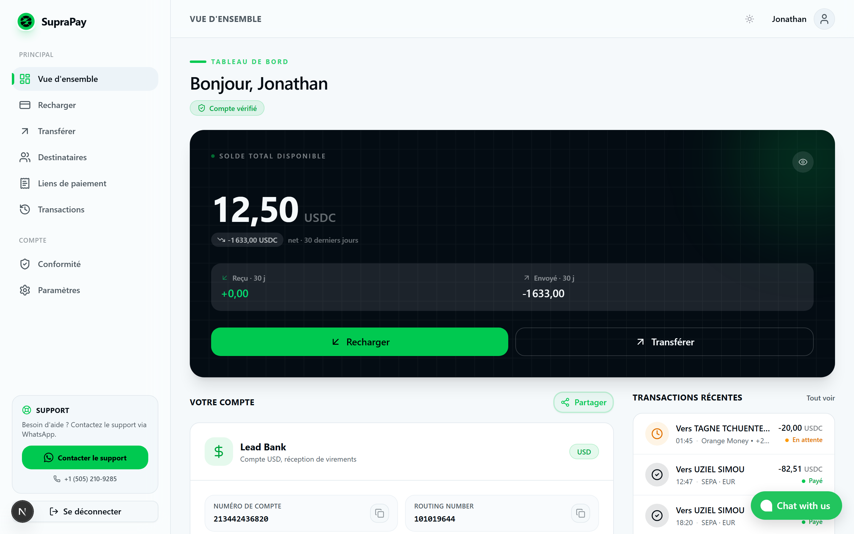 Tableau de bord SupraPay — solde USDC et bouton Recharger mon compte pour envoyer de l'argent en Europe