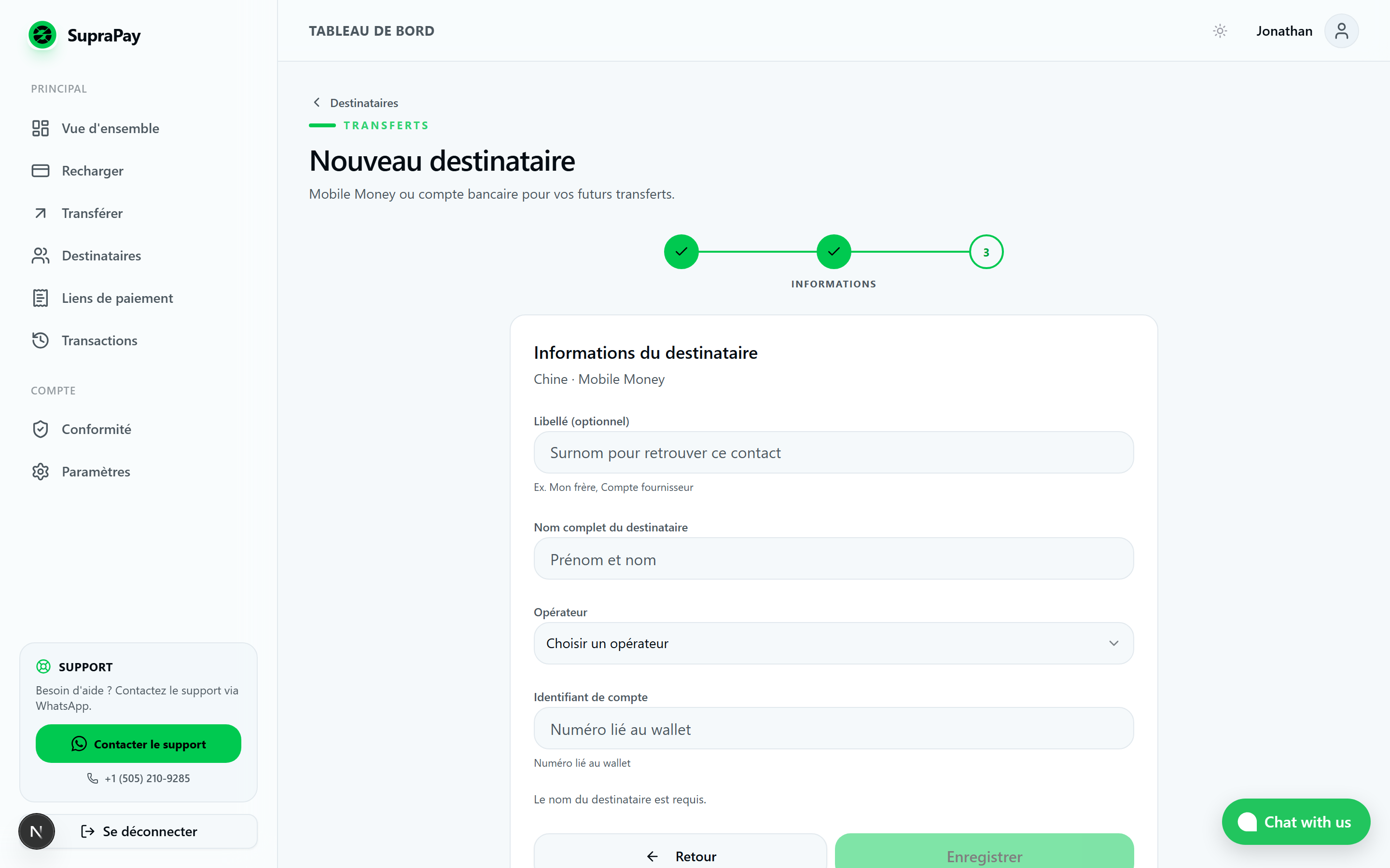 Formulaire destinataire Chine Alipay WeChat Pay depuis Cameroun ou Sénégal