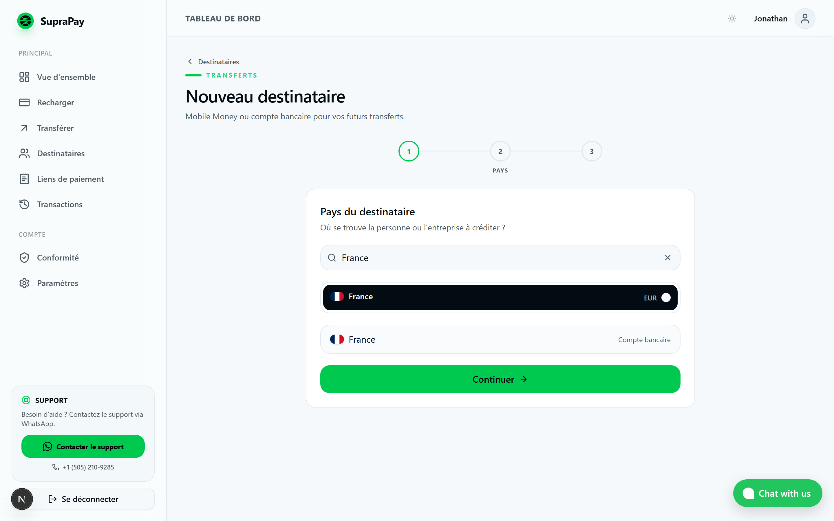 Ajouter un bénéficiaire en France pour envoyer de l'argent en Europe avec SupraPay