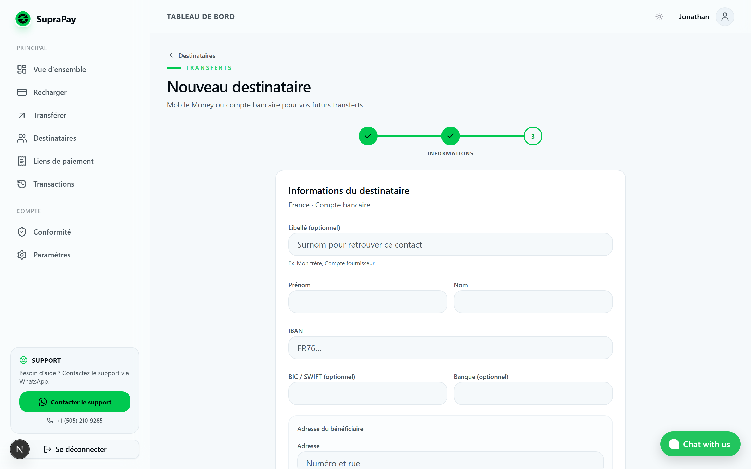 Type de compte bancaire SEPA pour destinataire européen SupraPay