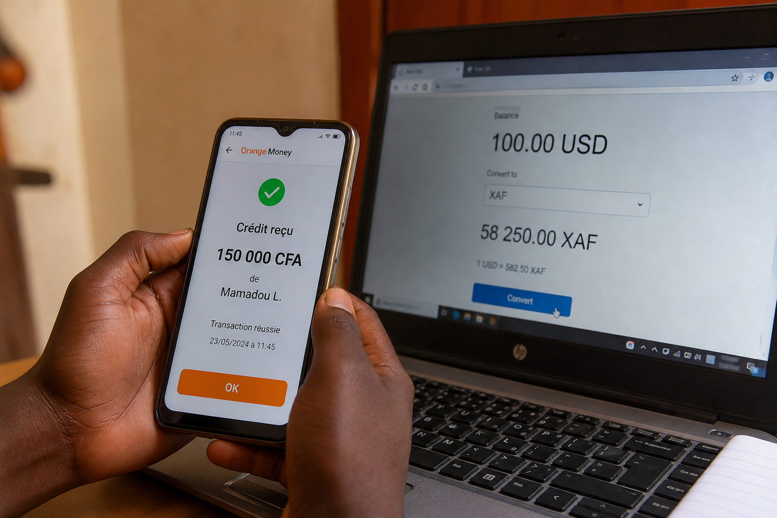 Solde en dollars converti et retiré en Mobile Money Orange Money ou MTN