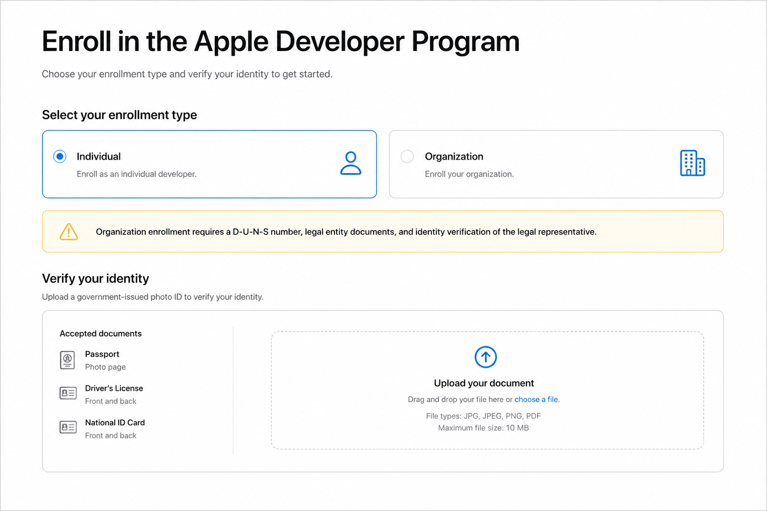 Inscription Apple Developer Program : organisation, D-U-N-S, vérification d'identité