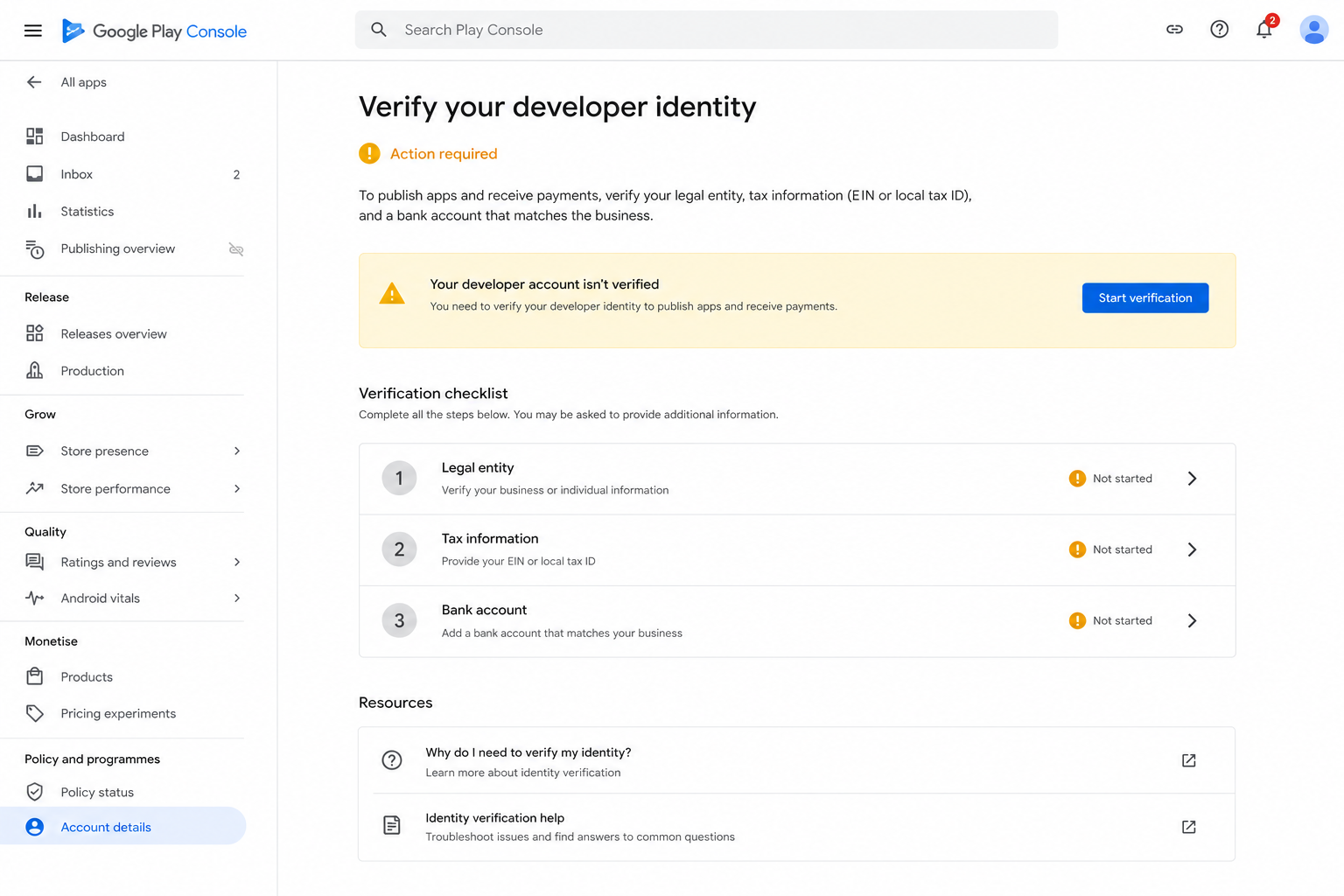 Google Play Console : vérification d'identité du développeur, EIN, compte bancaire de l'entreprise